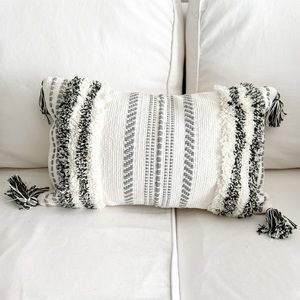 NWT Boho Throw Pillow Cover Ivory Gray & Dark Green Thread Detail